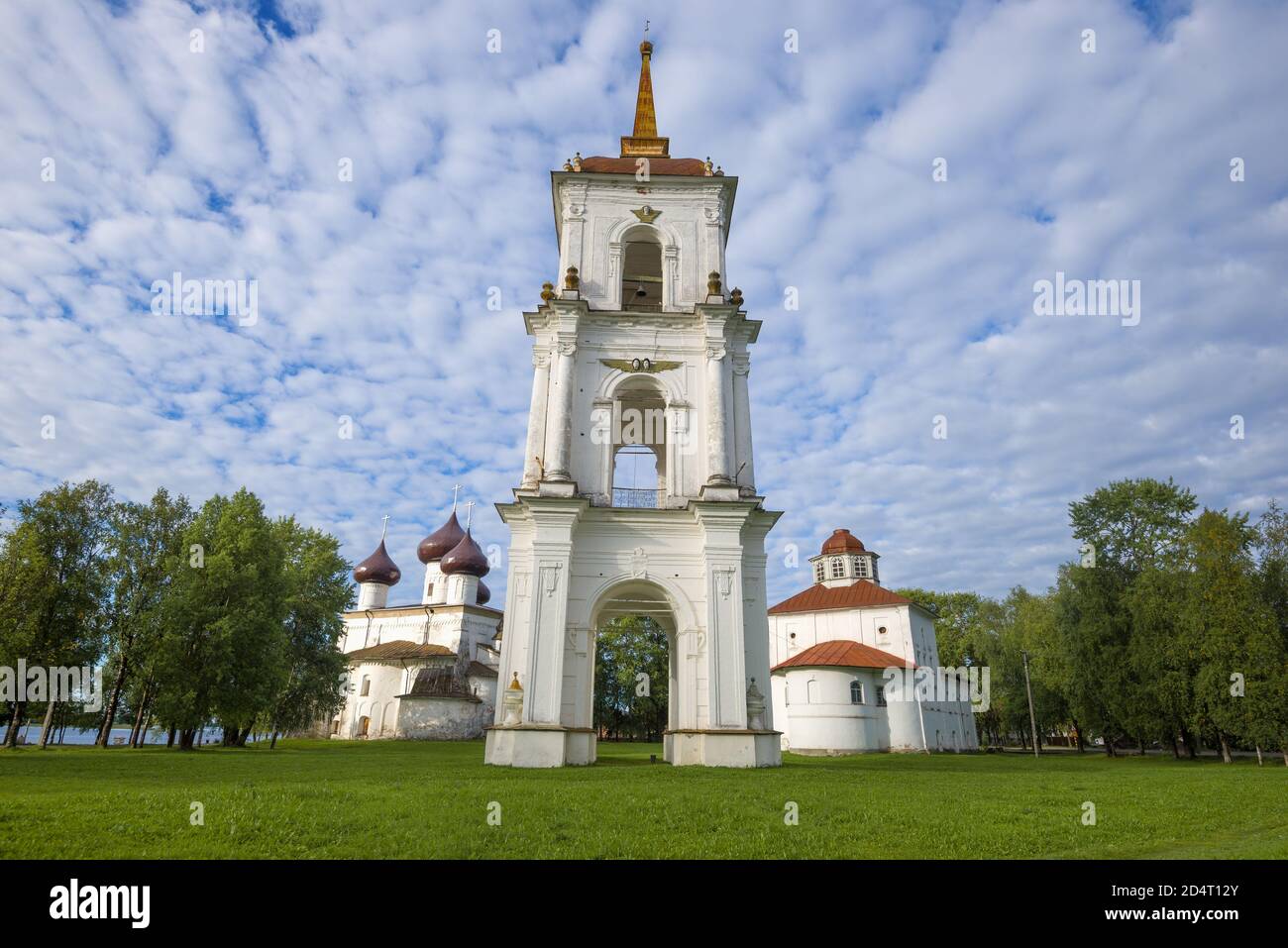 Old bell tower close-up on a cloudy August morning. Cathedral square of the city of Kargopol. Arkhangelsk region, Russia Stock Photo
