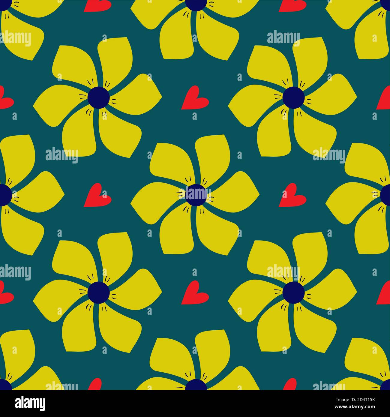 Floral pattern with yellow exotic fantasy flowers on a green background and red hearts. Illustration.  Stock Photo