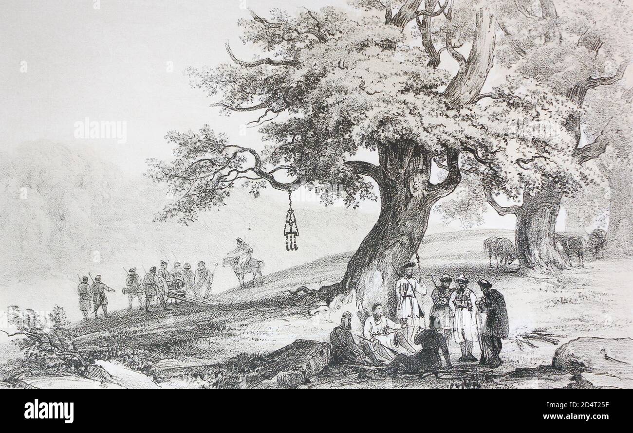 Ancient Hanging Cross in the Sache Valley in 1840. Stock Photo
