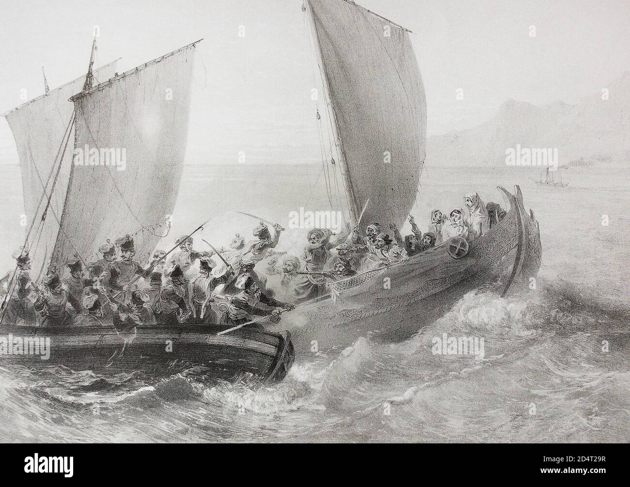 The Azov Cossacks board a Turkish ship with Circassians. Lithography of 1847. Stock Photo