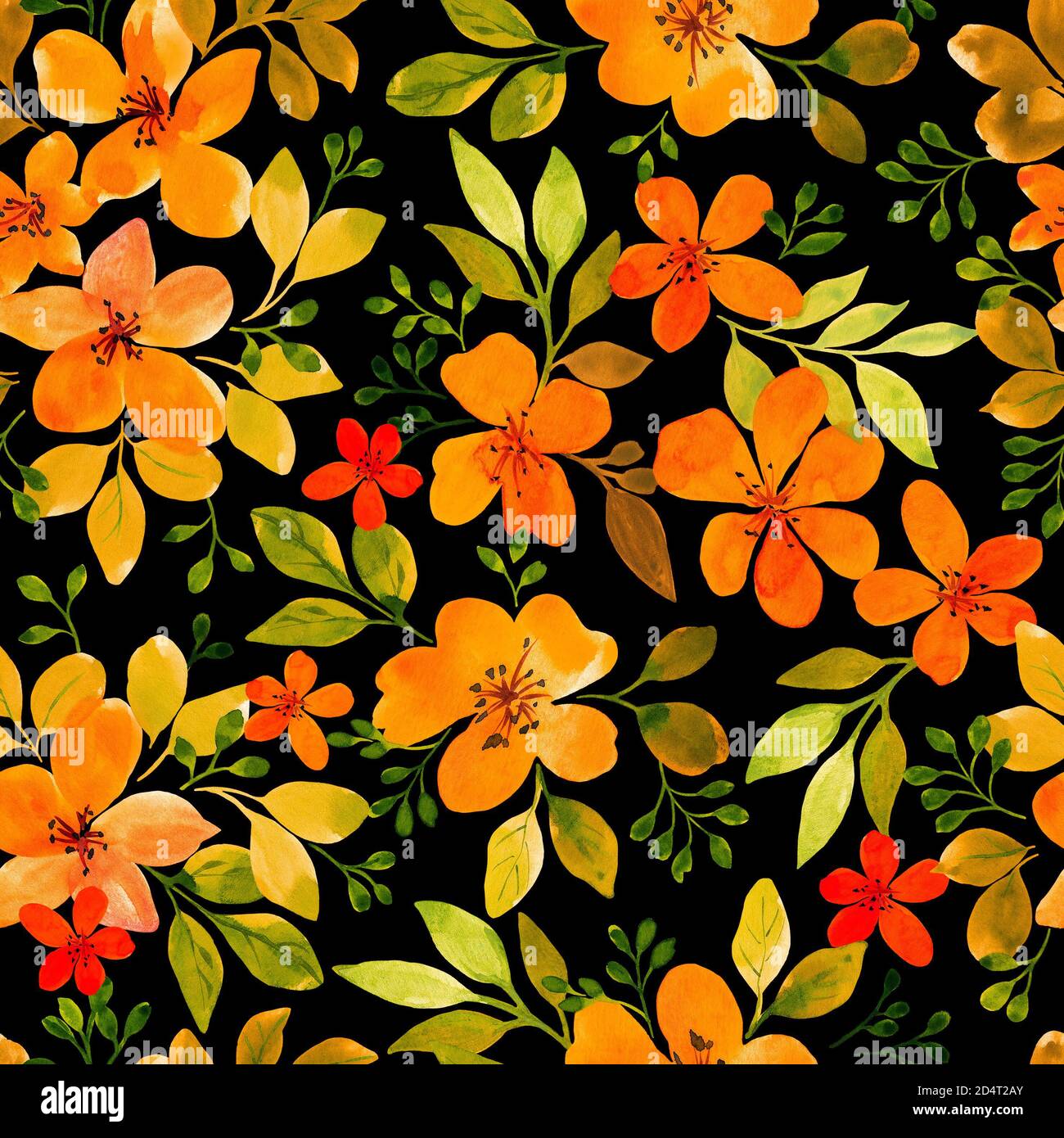 orange small flowers watercolor on black background, illustration for the  design of textiles. Seamless pattern for textile Stock Photo - Alamy