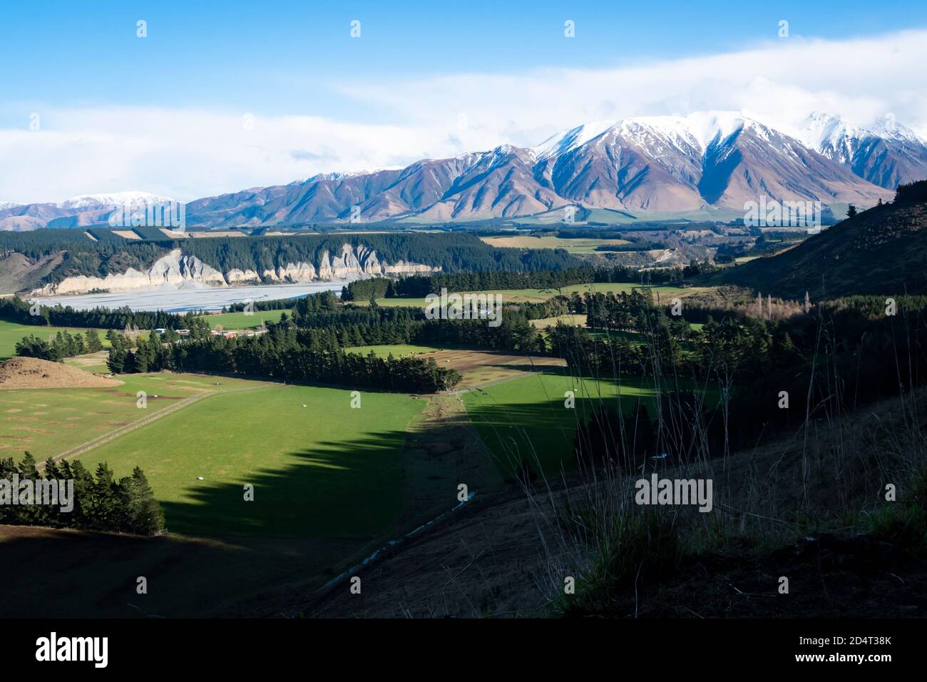 Mount Hutt and Rakaia river valley, near Methven, Canterbury, South Island, New Zealand Stock Photo