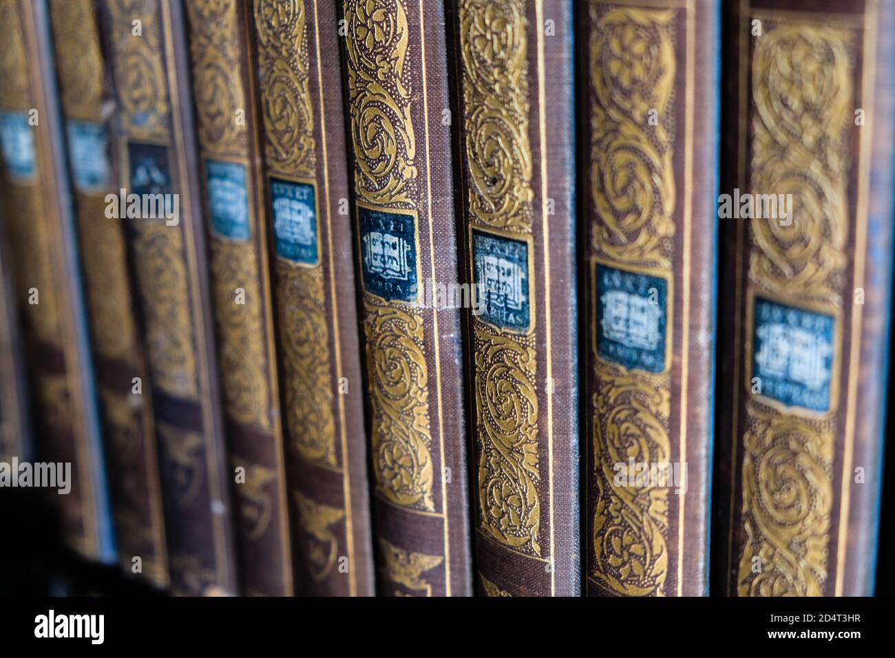 Row of old vintage books with brown and gold cover being sold on a Cuban garage sale outside Stock Photo