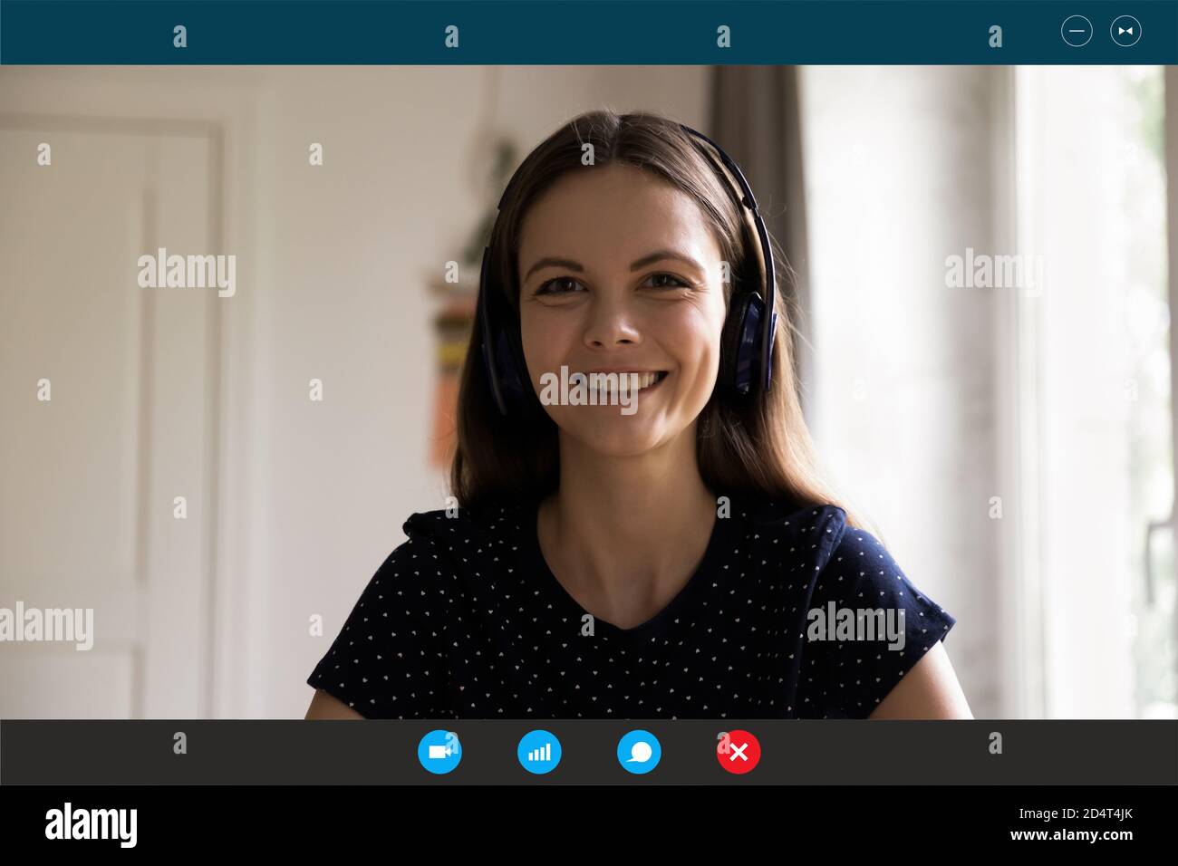 Headshot view of woman in earphones speak on video call Stock Photo - Alamy