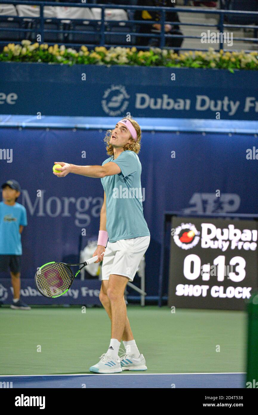 Dubai, UAE. 26th February 2019. Stefanos Tsitsipas of Greece on his way to victory against Mathew Ebden of Australia in the Round of 32 at the 2019 Du Stock Photo