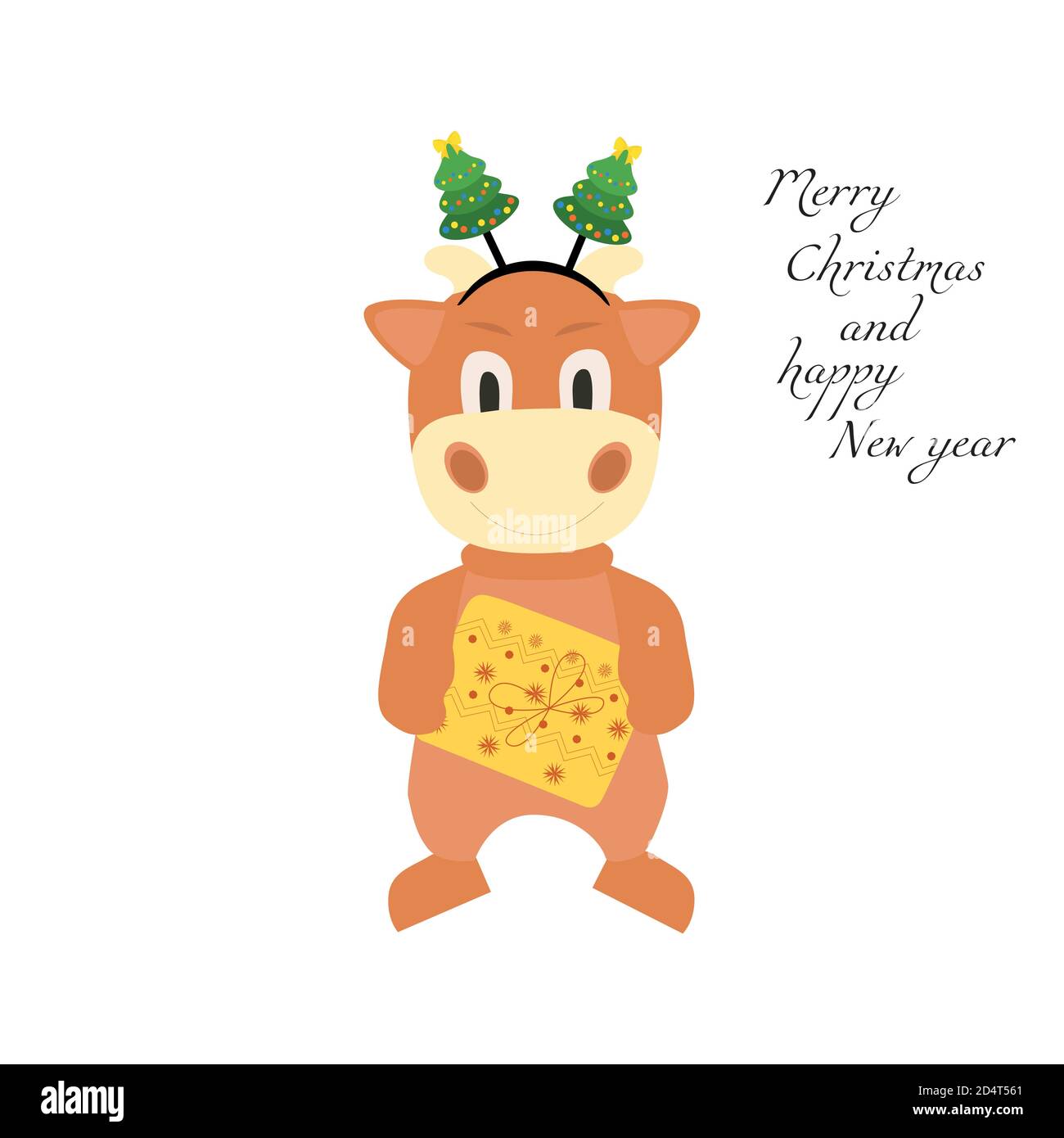 Cute cartoon bull with a gift in the new year s rim. Vector illustration of an animal isolated on a white background. Happy new year and merry Stock Vector