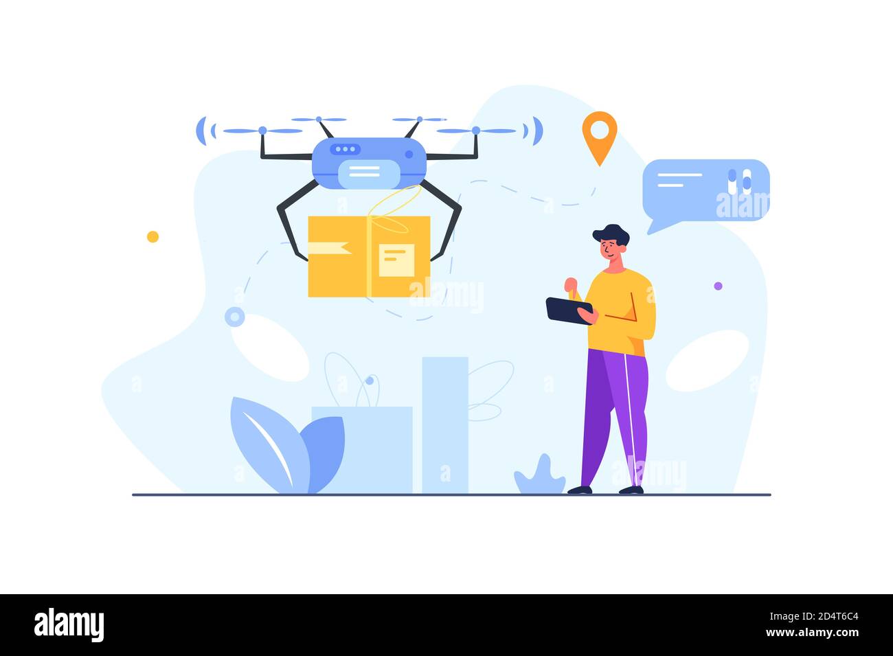 The guy called the delivery of goods by a drone Stock Vector