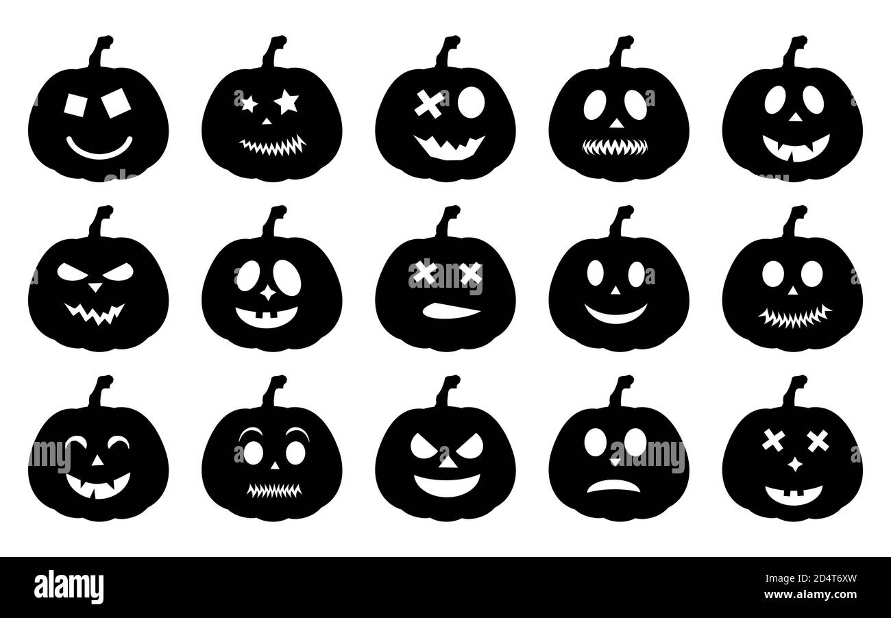 Set of Halloween pumpkins with different faces isolated on white ...