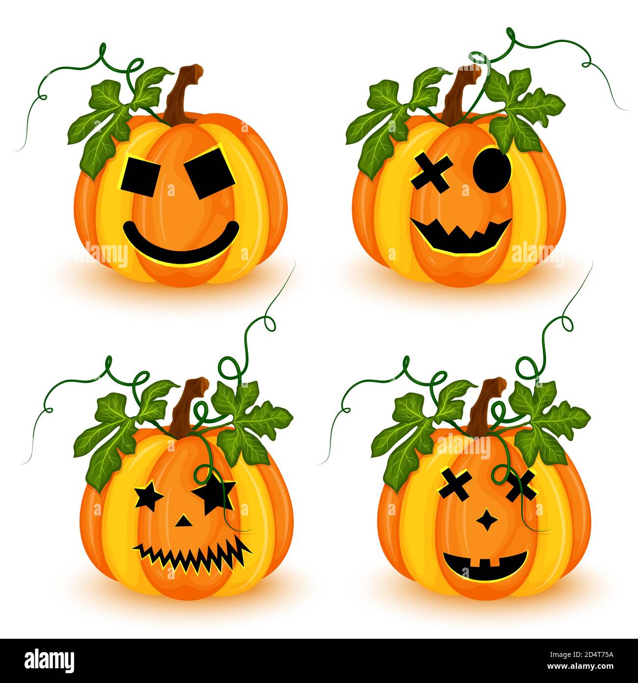 Set of Halloween pumpkins with different faces isolated on white ...