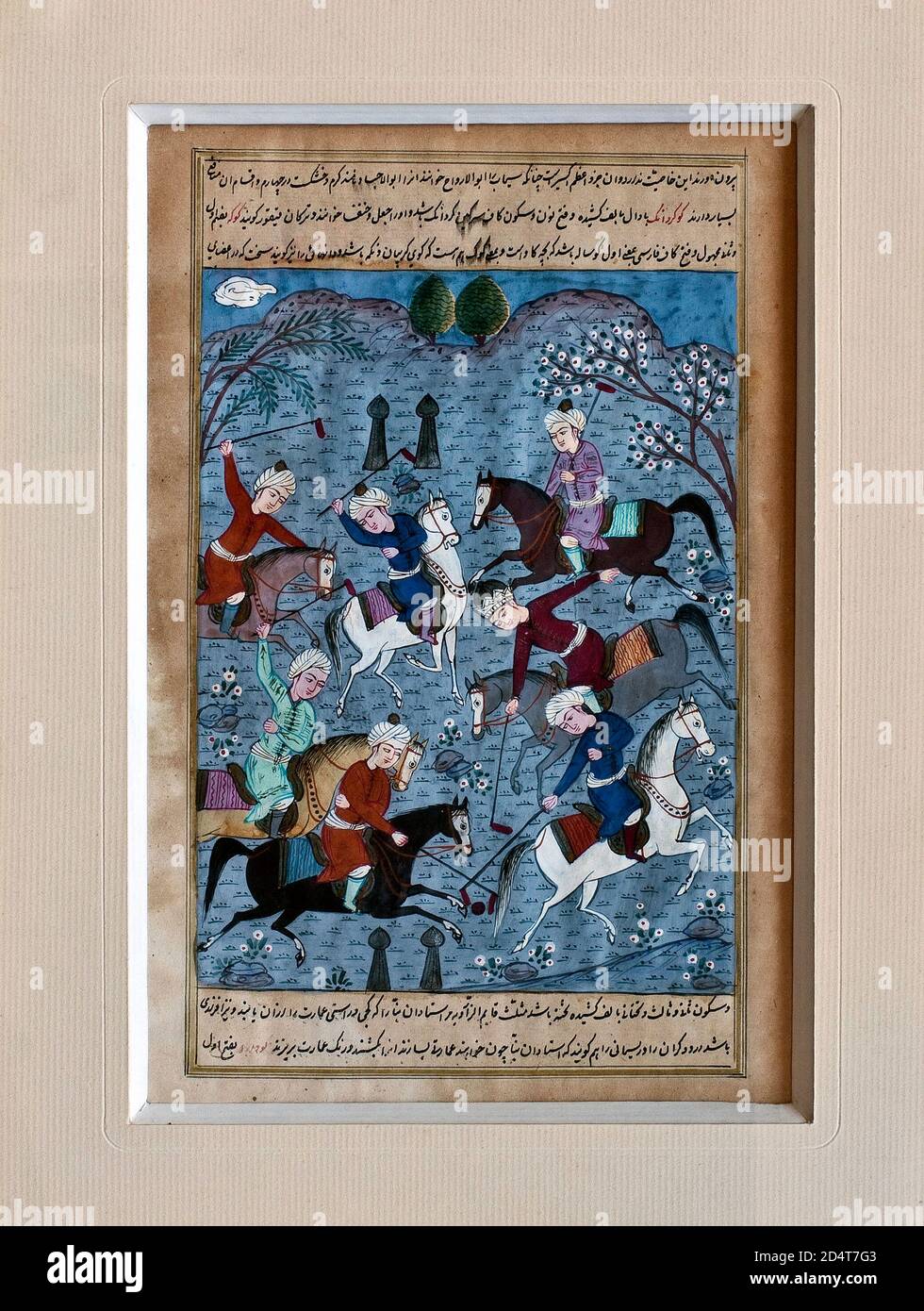 Ancient etching from Iran (Persia) showing iranian players of Chogàn (ancestor of Polo) Stock Photo