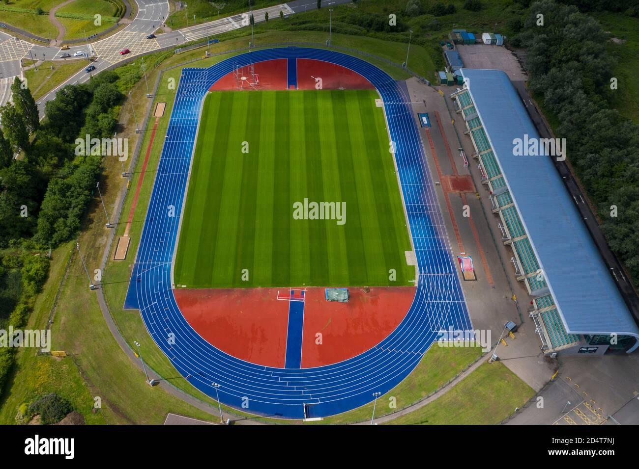 An aerial view of the Leckwith outdoor athletics track and field in Cardiff, Wales, United