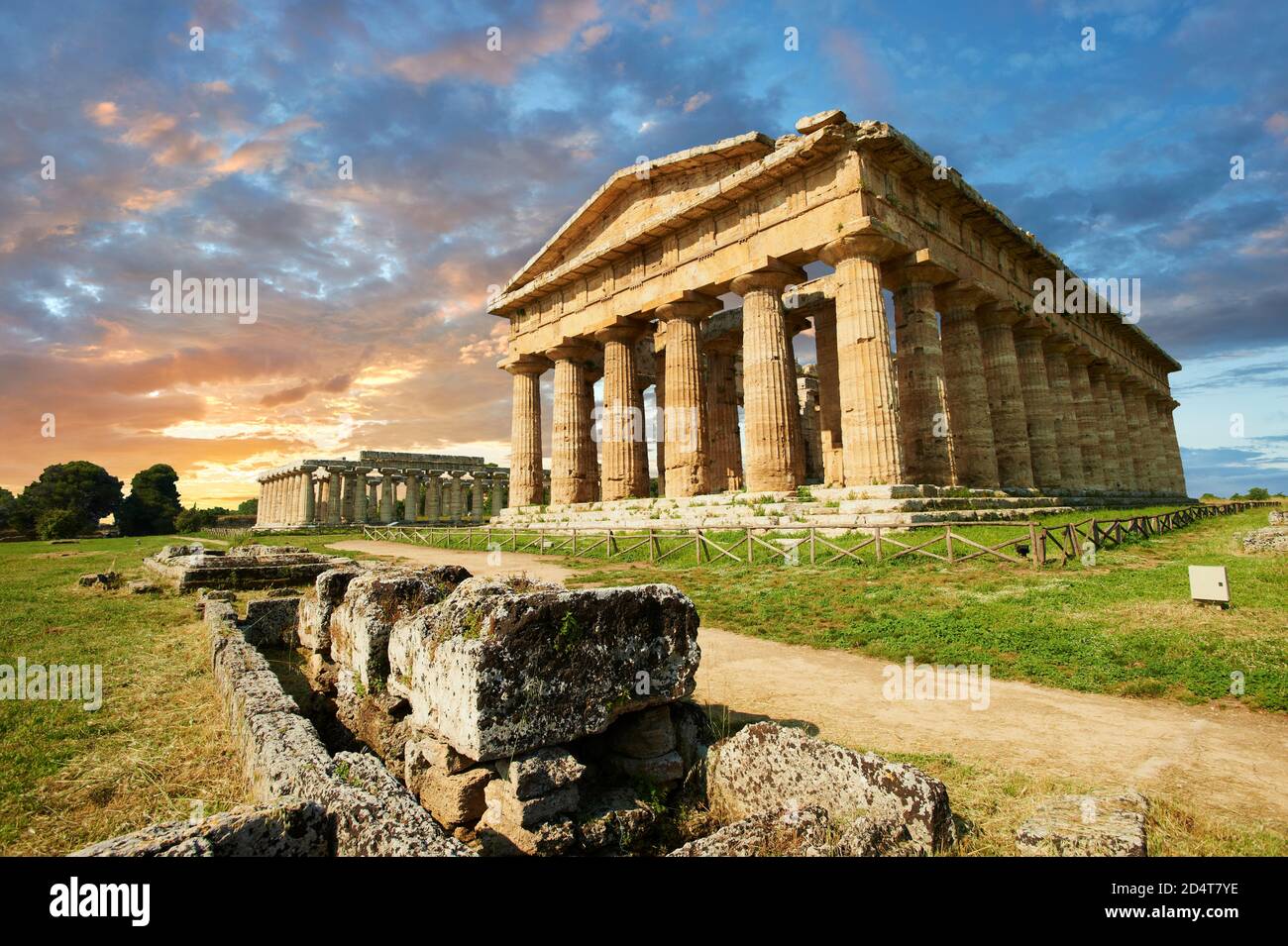 The ancient Doric Greek Temple of Hera of Paestum  built in about 460–450 BC. Paestum archaeological site, Italy. Stock Photo