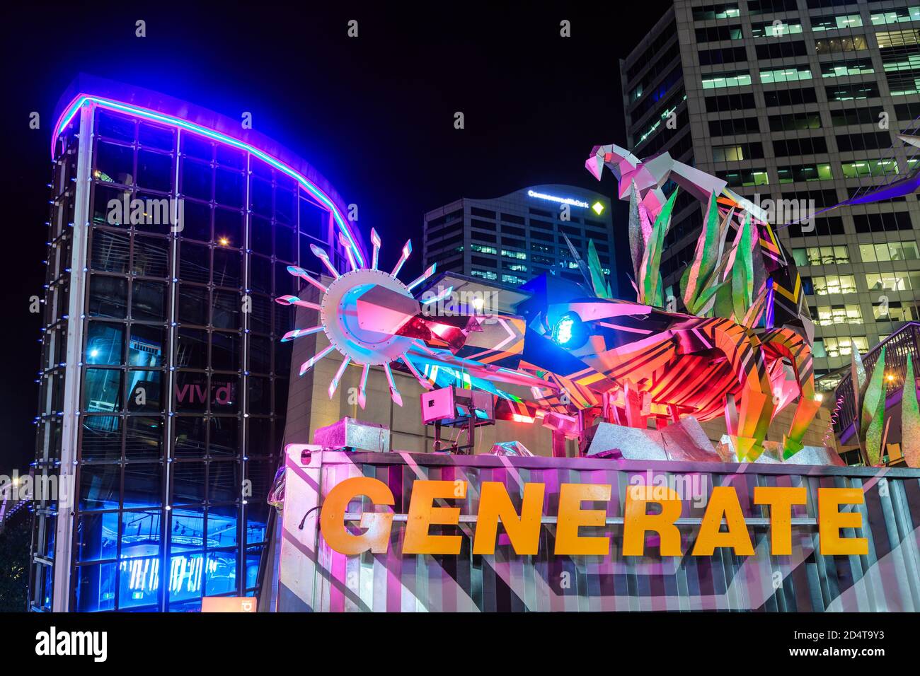 A brightly lit sculpture of a robotic scorpion, part of the annual 'Vivid Sydney' festival displays in Sydney, Australia. May 28 2019 Stock Photo