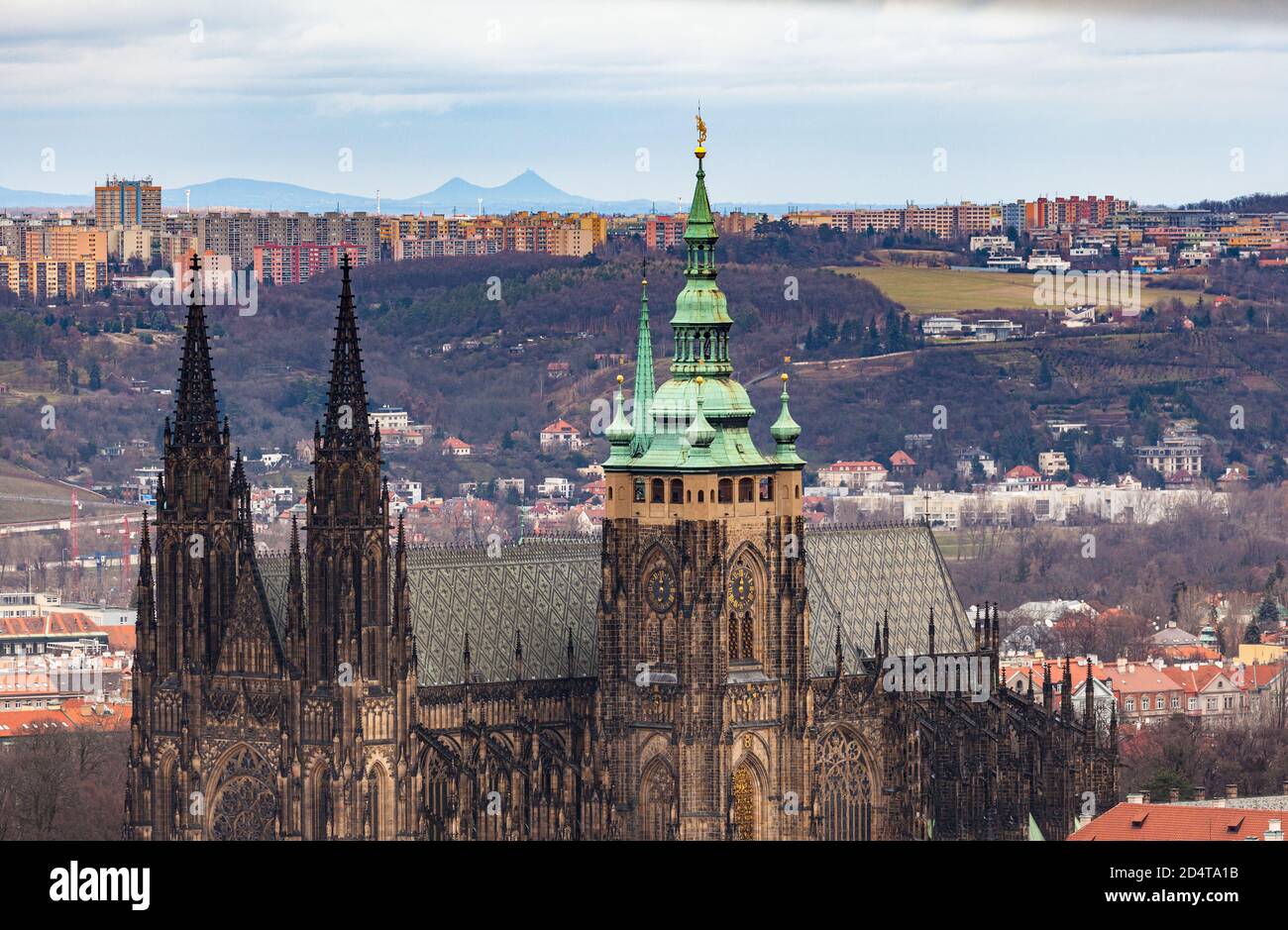 Aerial close up view of e of Metropolitan Cathedral of Saints Vitus with historic buildings from Petrin Hill on the day with Czech Republic Stock Photo