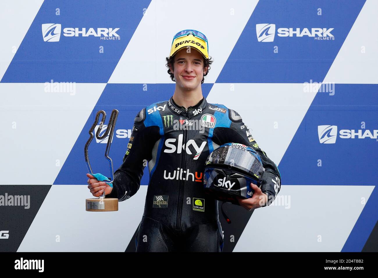MotoGP - French Grand Prix - Circuit Bugatti, Le Mans, France - October 11,  2020. SKY Racing Team VR46's Celestino Vietti poses with a trophy on the  podium as he celebrates after