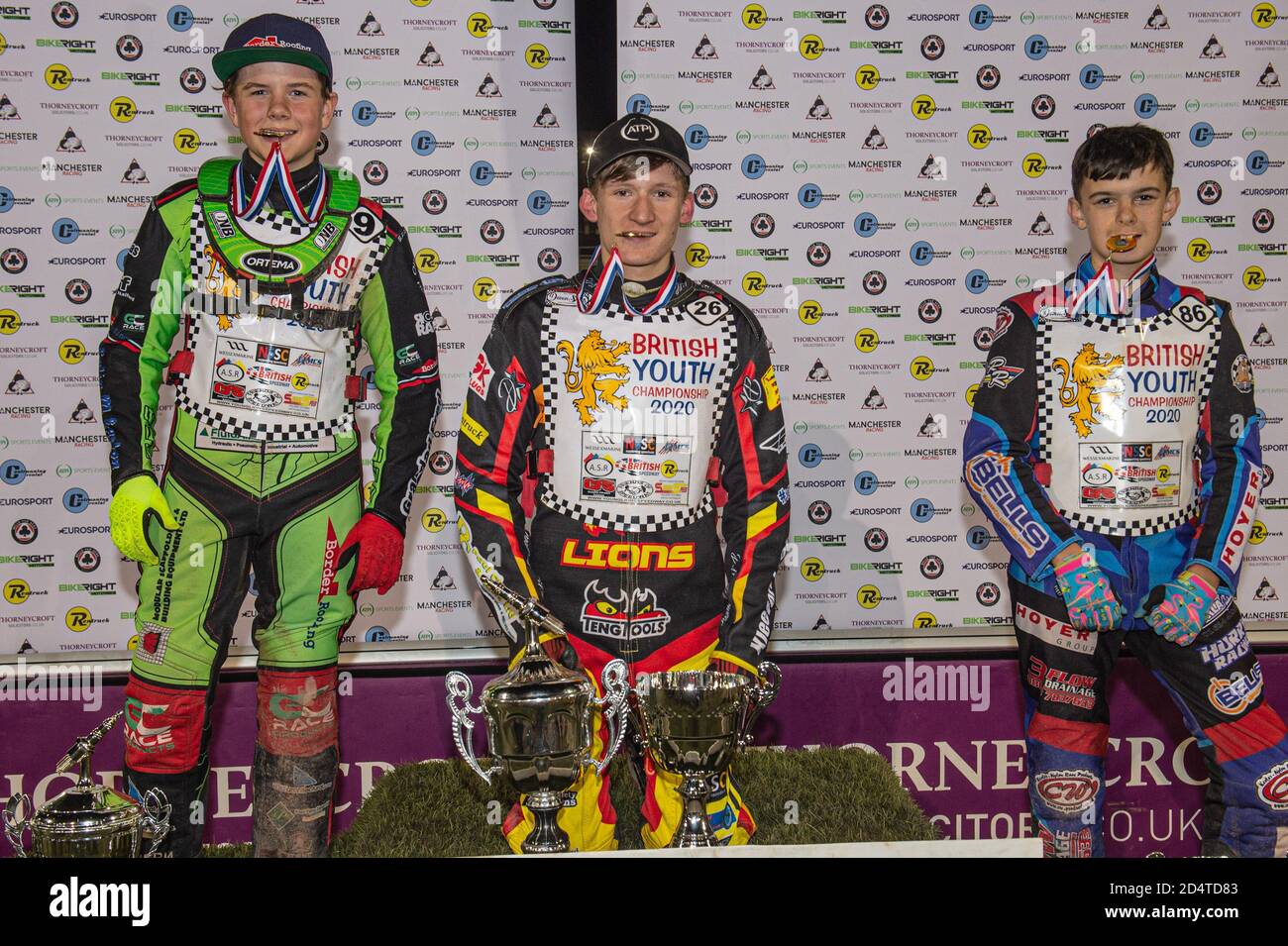 Manchester, UK. 10th Oct, 2020. All the British Youth Champions: (l-r) Luke Harrison (250cc), Dan Thompson (500cc), Sonny Springer (125cc) during the British Youth Speedway Championship (Round 5) at the National Speedway Stadium, Manchester on Saturday 10th October 2020. (Credit: Ian Charles | MI News) Credit: MI News & Sport /Alamy Live News Stock Photo