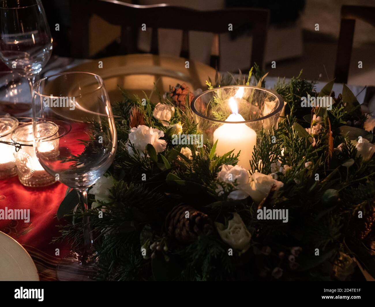 A table beautifully set up for a winter celebration Stock Photo
