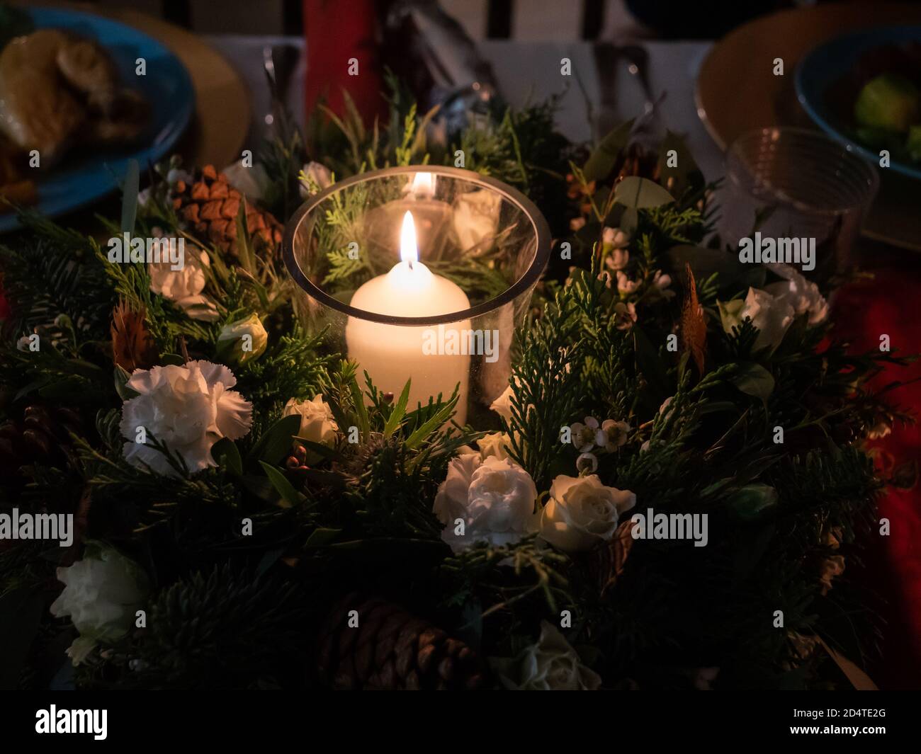 A table beautifully set up for a winter celebration Stock Photo