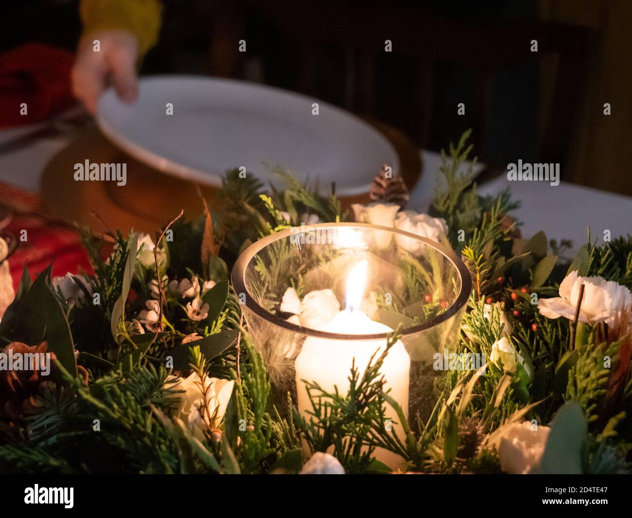 A table beautifully set up for a winter celebration Stock Photo