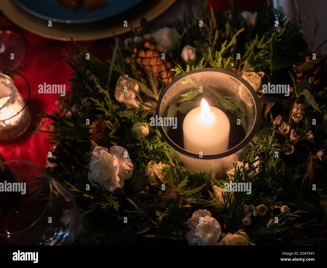 A table beautifully set up for a winter celebration Stock Photo
