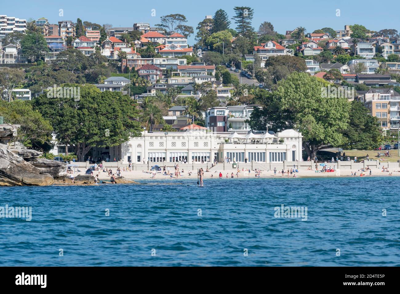 The 1928-29 constructed 'Spanish Mission' style, Bathers Pavilion at Balmoral Beach, Mosman, Sydney, Australia on a sunny spring morning from a boat Stock Photo