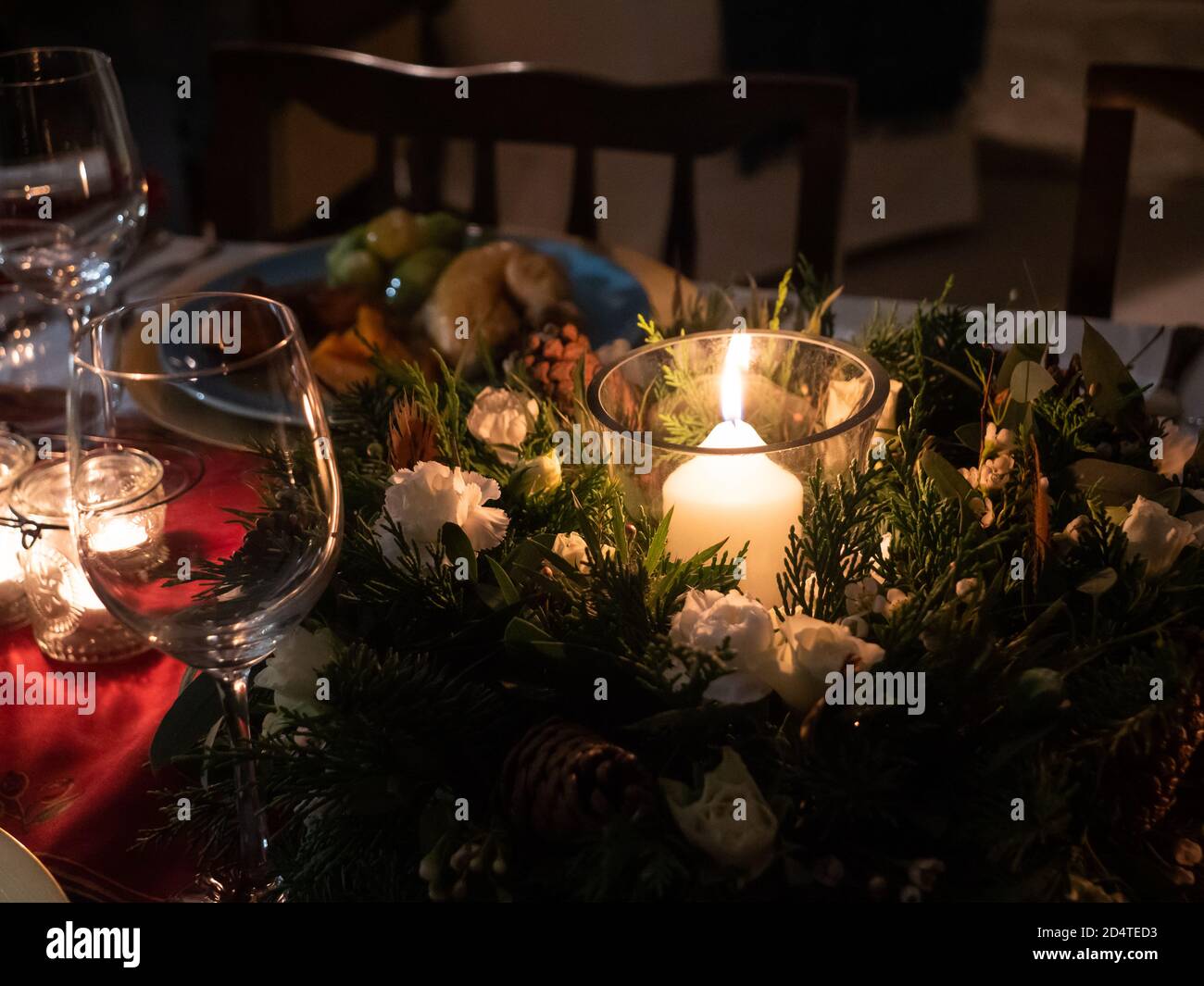 A table beautifully set up for a winter celebration Stock Photo