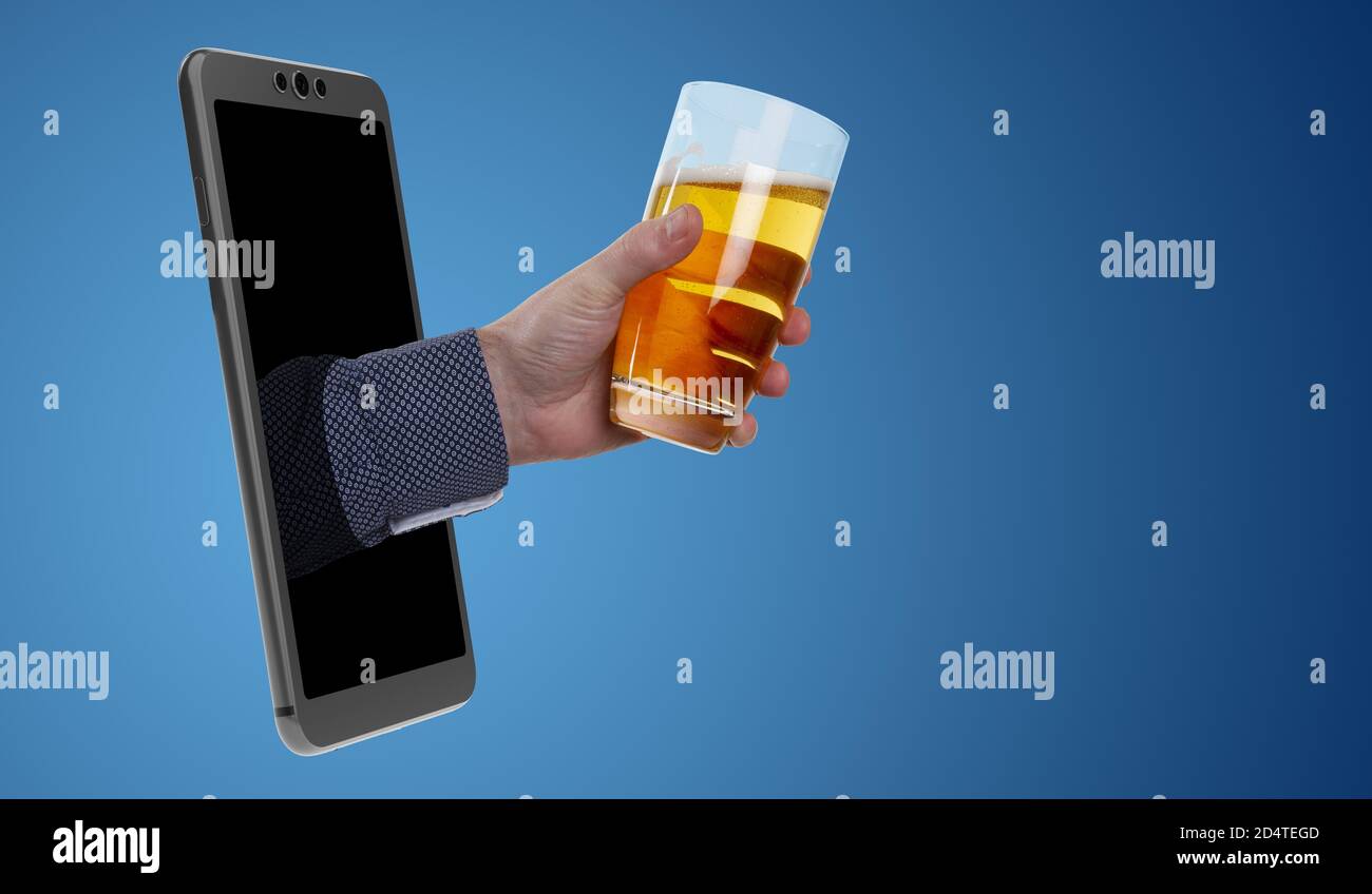 smartphone, hand and beer - real picture and 3D rendering Stock Photo