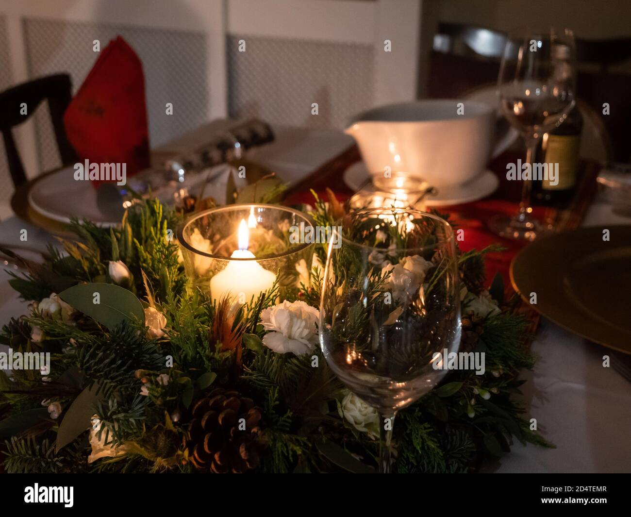 A table beautifully set up for a winter celebration Stock Photo
