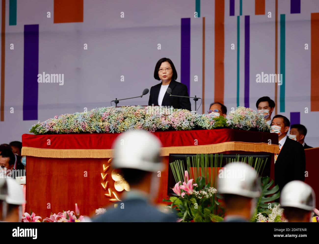 Taipei City, Taiwam. 10th Oct, 2020. Taiwan President Tsai Ing-wen delivers the 2020 national day address, as troops of honor guards parading, saluting for the 109th annivesary of the establishment of the country, in Taipei City, Taiwan, on 10 October 2020. In her speech, Tsai stressed her administration's determination to safeguard national security of the island and outlined the country's post-pandemic economic strategies. (Ceng Shou Yi/ Credit: Sipa USA/Alamy Live News Stock Photo
