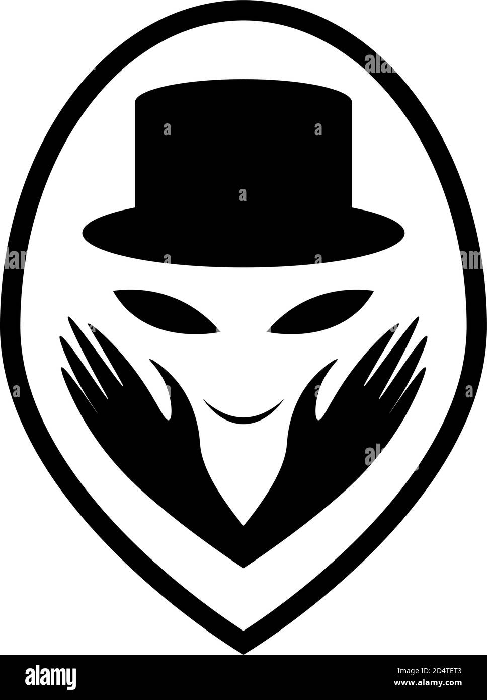 smiling alien face in black magician cylinder hat and gloves Stock Vector