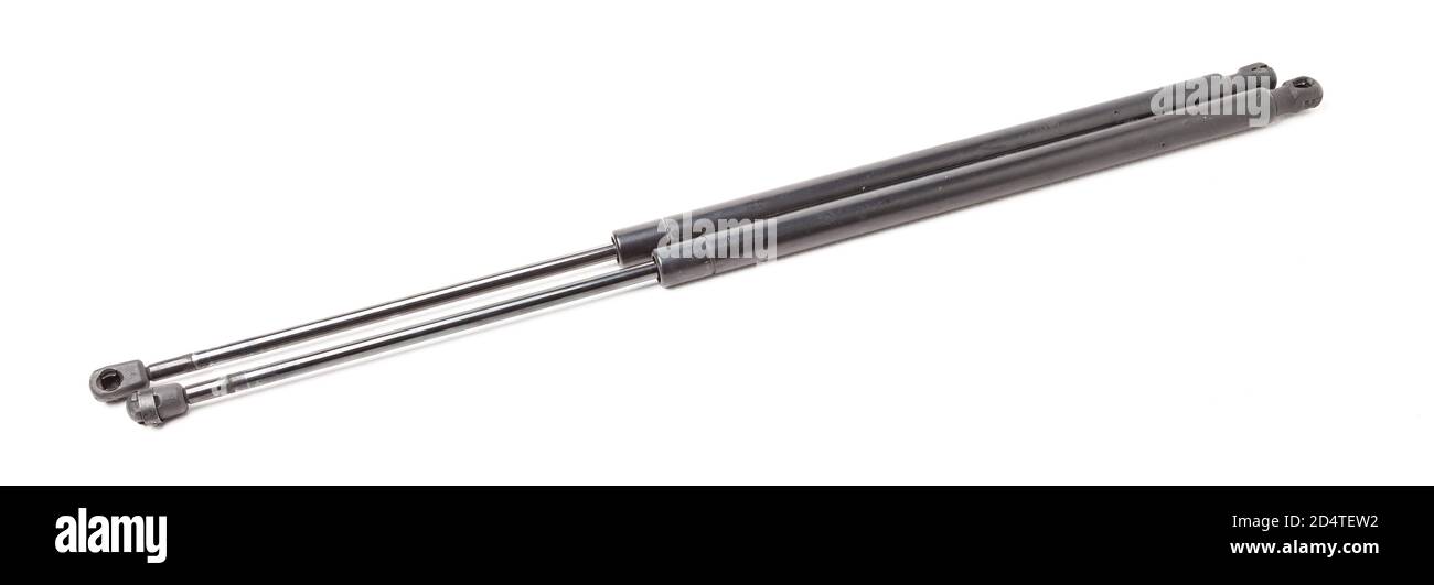 A pair of black metal hood shock absorbers with chrome elements