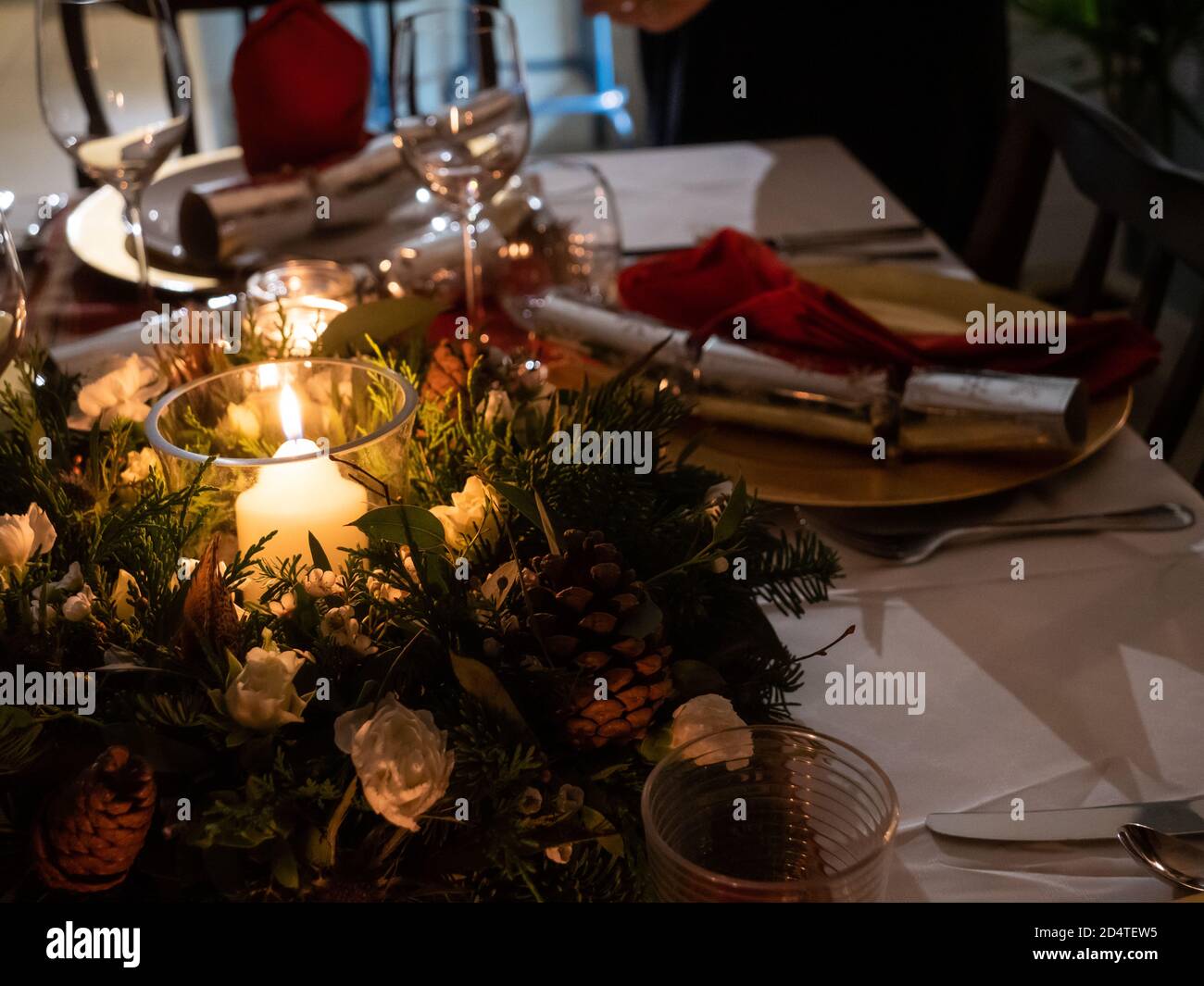 A table beautifully set up for a winter celebration Stock Photo