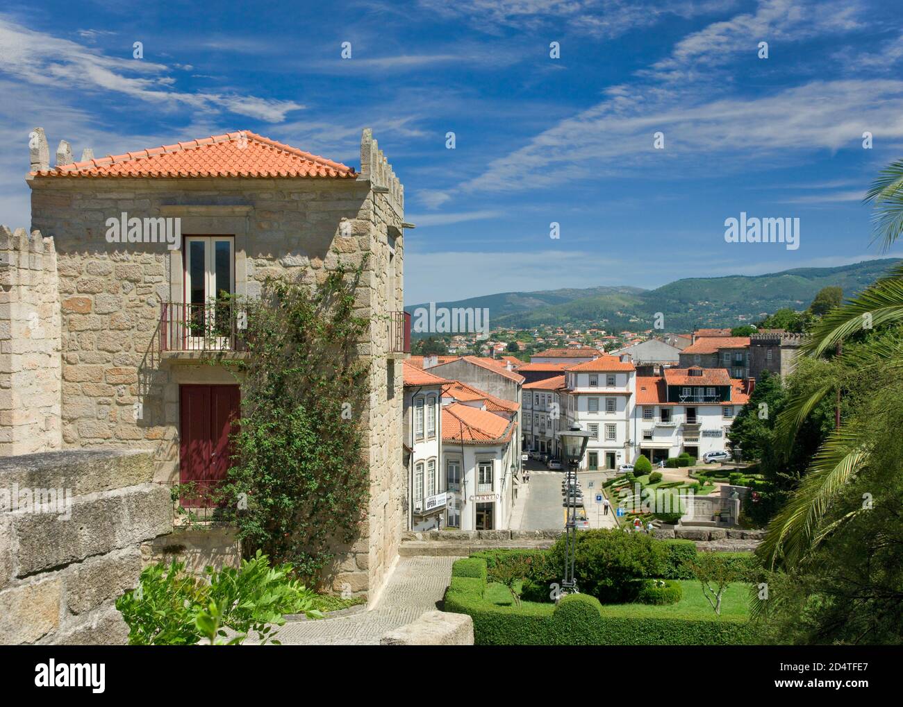 Portugal, the Costa Verde, Minho district, Ponte de Lima, restored castle building, muinicipal gardens and town Stock Photo