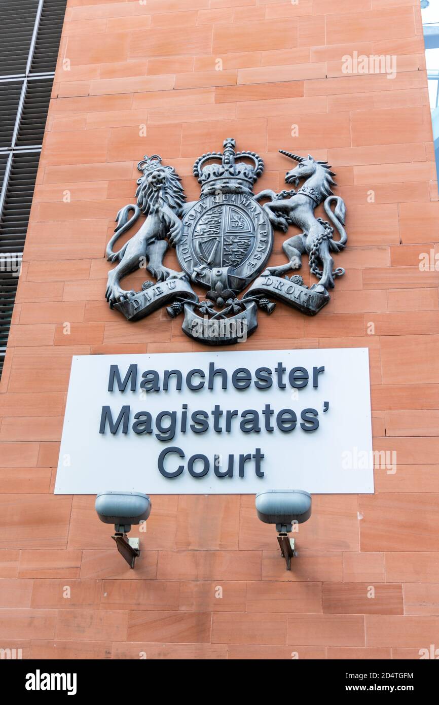 MANCHESTER, UK - September 20, 2020: Detail of Manchester Crown Magistrates court building at Crown Square in Manchester. Stock Photo