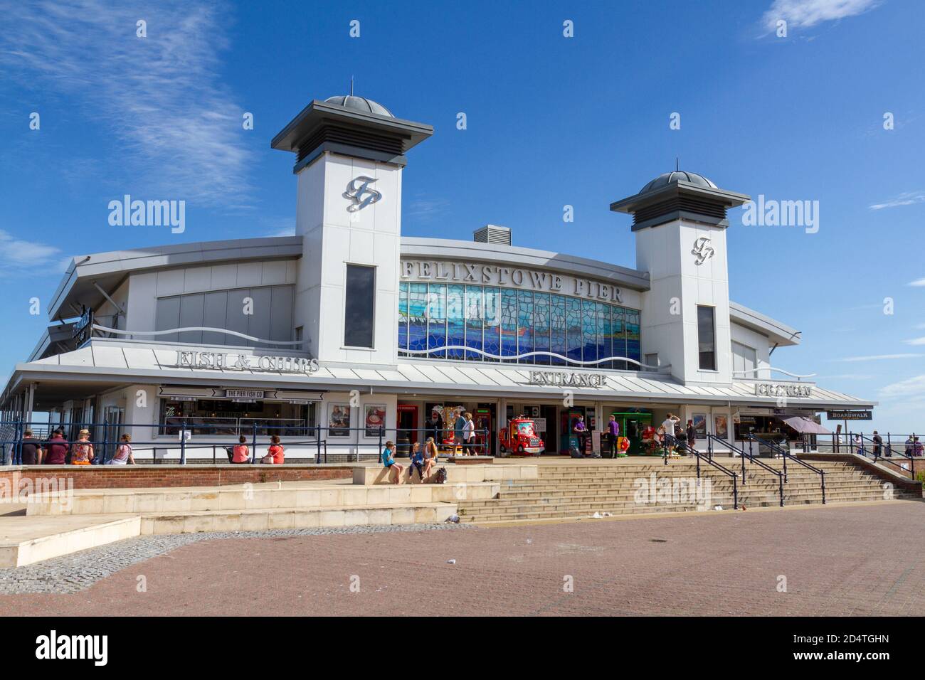 The main entrance to Felixstowe Pier on the east coast of Suffolk, UK. Stock Photo