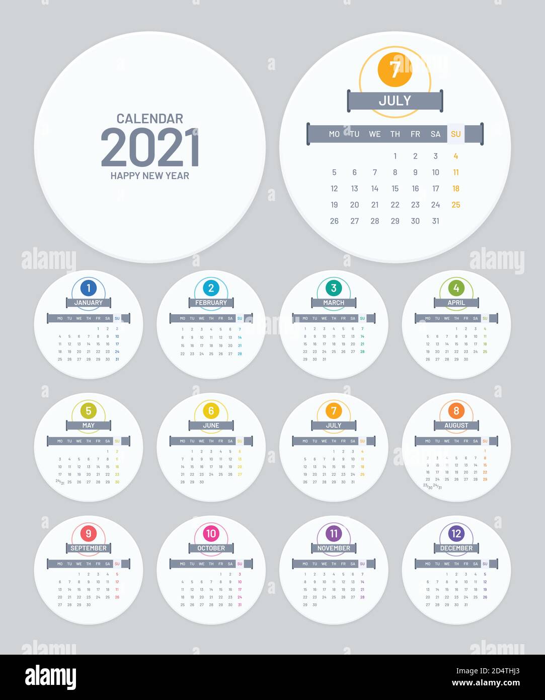 Calendar 2021 template in round form. Circle badge calendar vector