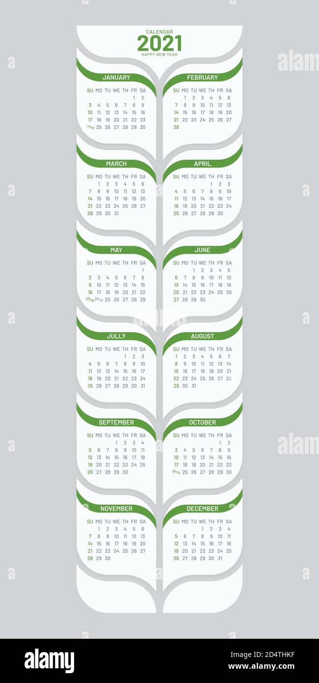 Poster calendar 2021 template on white background. Vertical tree shaped calendar vector design. Week starts on Sunday. Stock Vector