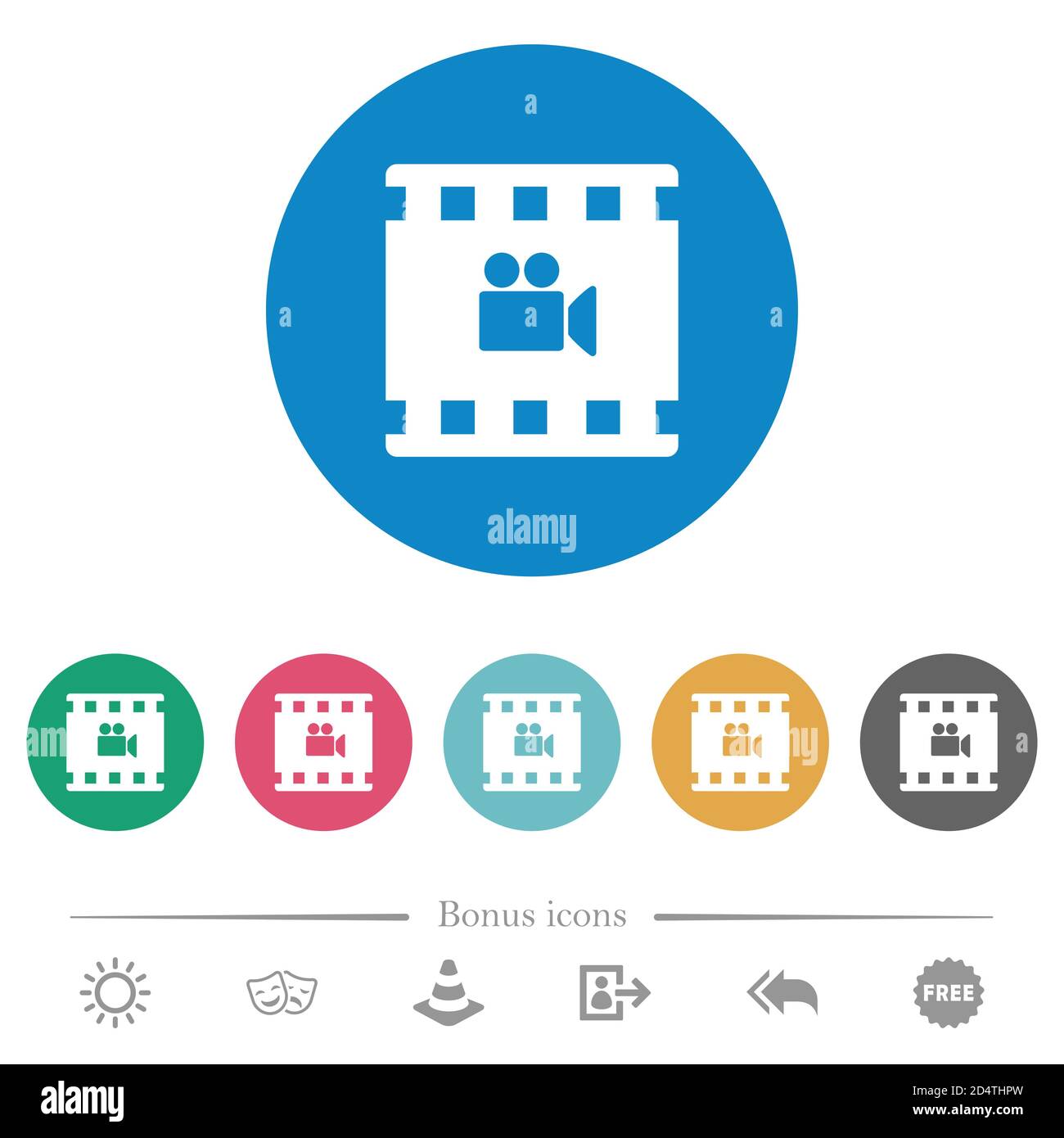 Movie filming flat white icons on round color backgrounds. 6 bonus ...