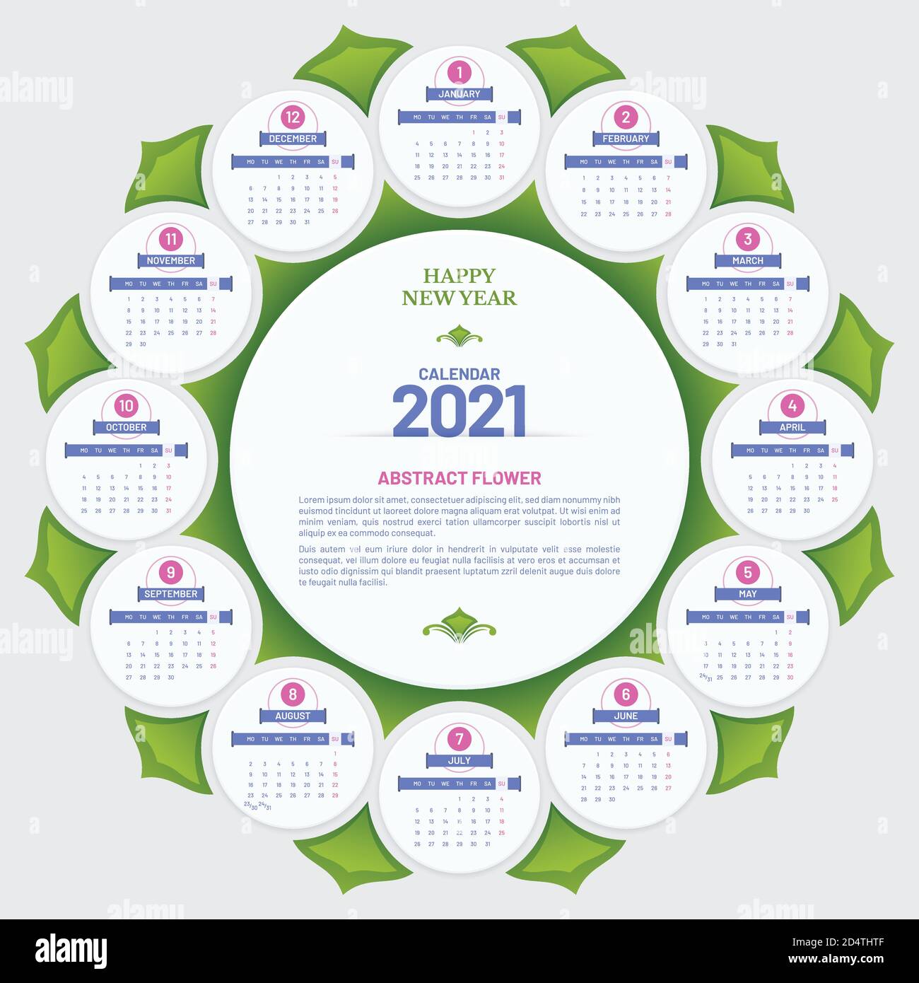 Round poster calendar 2021 vector design in flower head form with