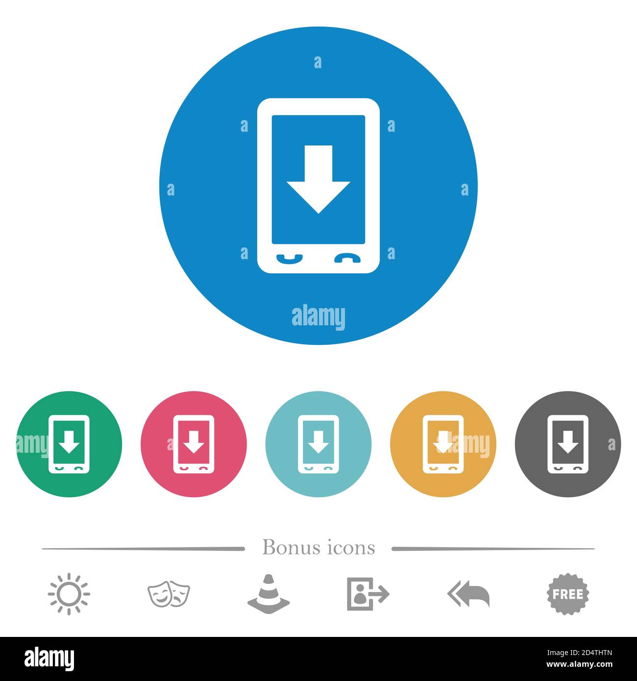 Mobile scroll down flat white icons on round color backgrounds. 6 bonus ...