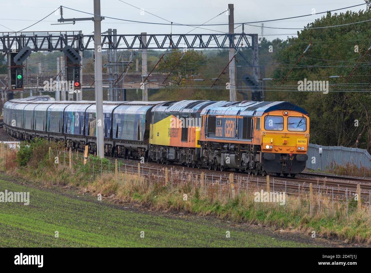 Electro Motive Diesel Type Jt42cwr Class 66 Diesel Locomotive At The Front Of Double Header Freight Trainn With Colas Rail Freight Class 60 At Stock Photo Alamy