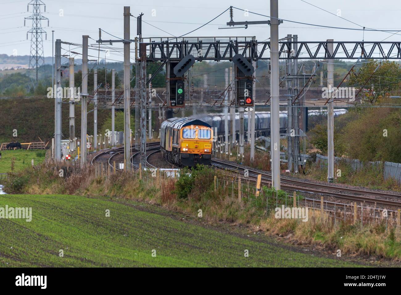 Electro Motive Diesel Type Jt42cwr Class 66 Diesel Locomotive At The Front Of Double Header Freight Trainn With Colas Rail Freight Class 60 At Stock Photo Alamy