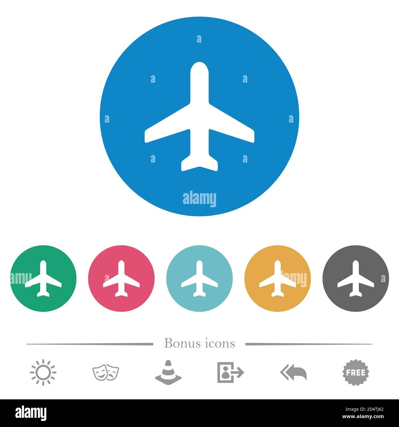 Airplane flat white icons on round color backgrounds. 6 bonus icons ...