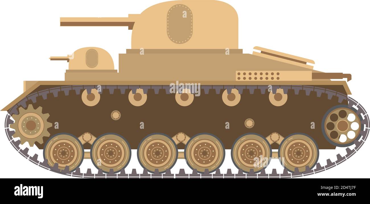 Caterpillar fighting military armored vehicle.Army equipment.For the websites and games.Vector in flat .Multi-turreted.Artillery cannon Stock Vector