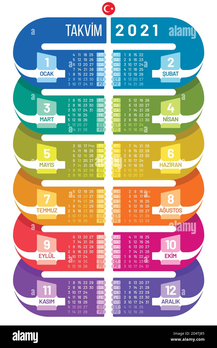 Colorful poster calendar 2021 template in infographic form. Vertical calendar vector design for Turkey. Stock Vector