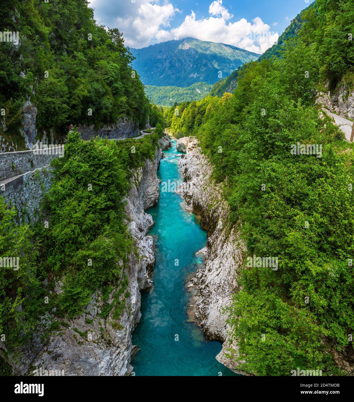 Soca Valley, Slovenia - River Soca is a beautiful turquoise water river in the Slovenian Alps located near the town of Kobarid in Triglav National Par Stock Photo