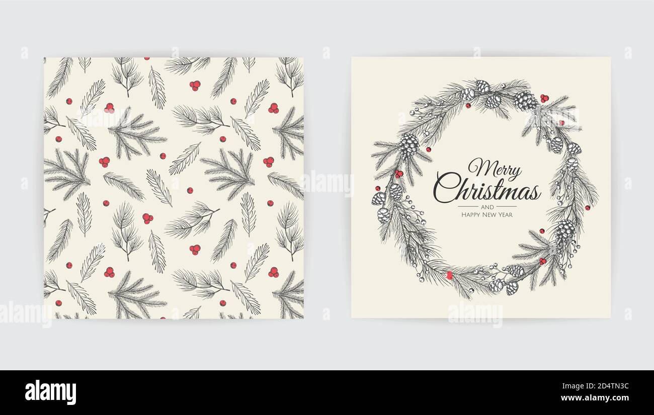 New Year greeting card design with christmas tree. Hand drawn design ...