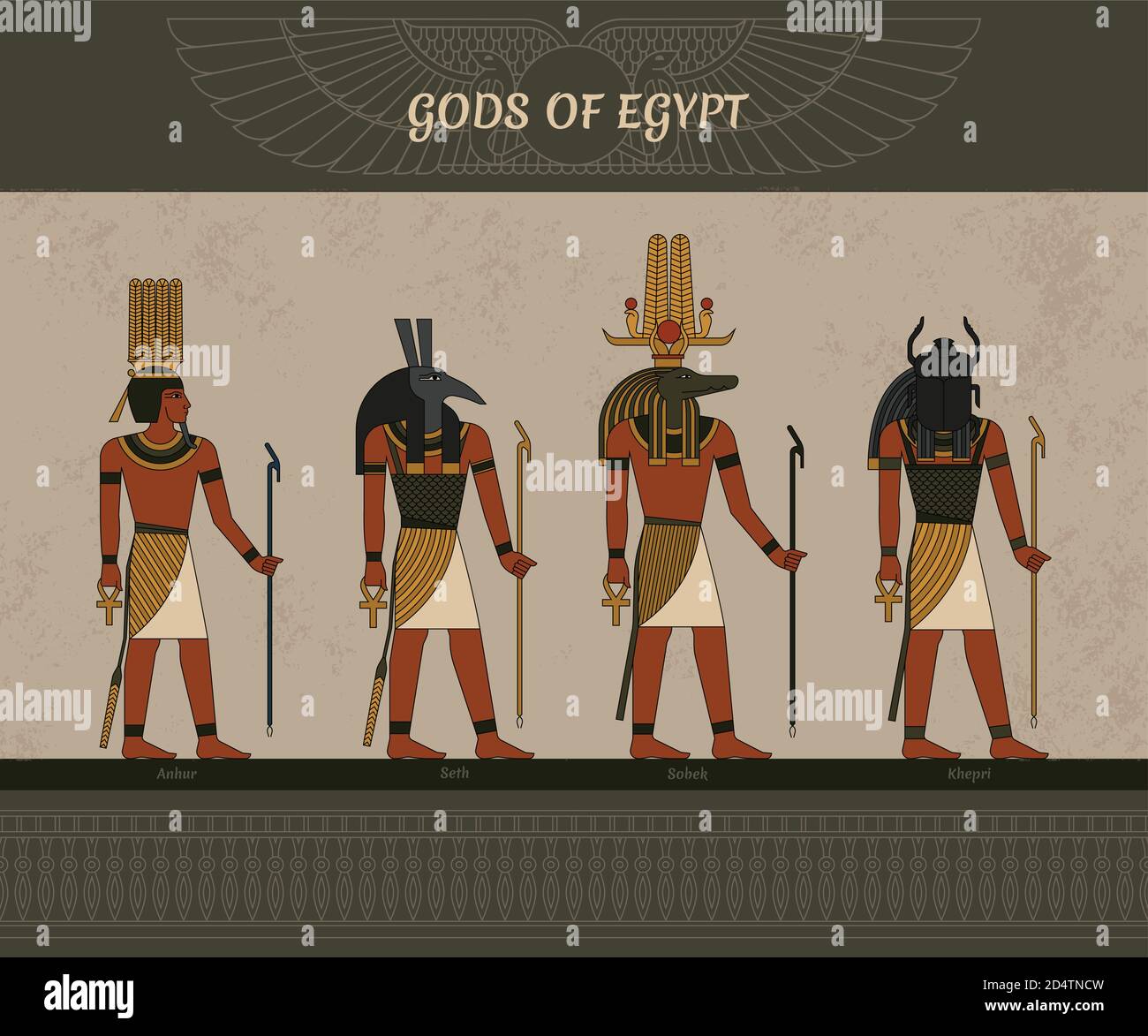 Vector illustration symbols of ancient Egypt Egyptian winged sun, gods Thoth, Anhur, Sobek, Khepri, and other symbol of Egyptian. Stock Vector