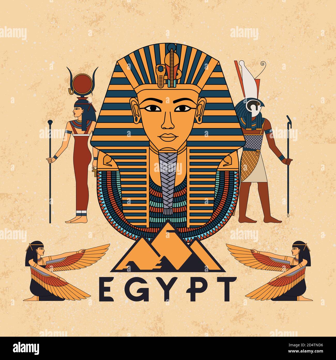 Vector illustration symbols of ancient Egypt Egyptian winged sun, gods Anubis and Horus, and pharaoh Tutankhamun, and symbol of Egyptian faith beetle Stock Vector