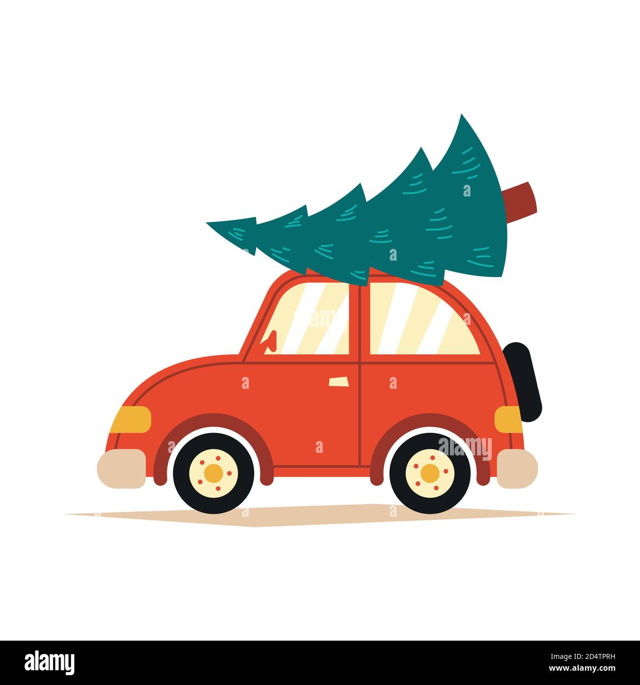 Vector illustration of a red car with a Christmas tree on the roof on a ...